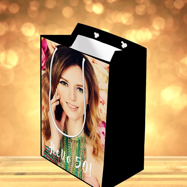 Custom 50th birthday photo hello 50 fifty medium gift bag (Creator Uploaded)