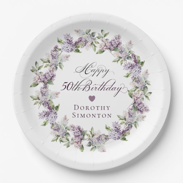 Custom 50th Birthday Purple Lilac Spring Flower Paper Plate (Front)