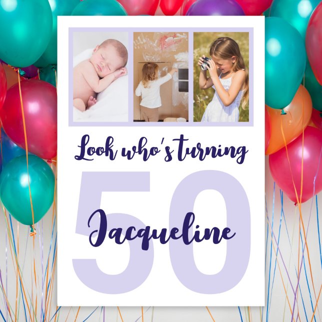 Custom 50th Birthday Purple Script Photo Collage Invitation (Creator Uploaded)