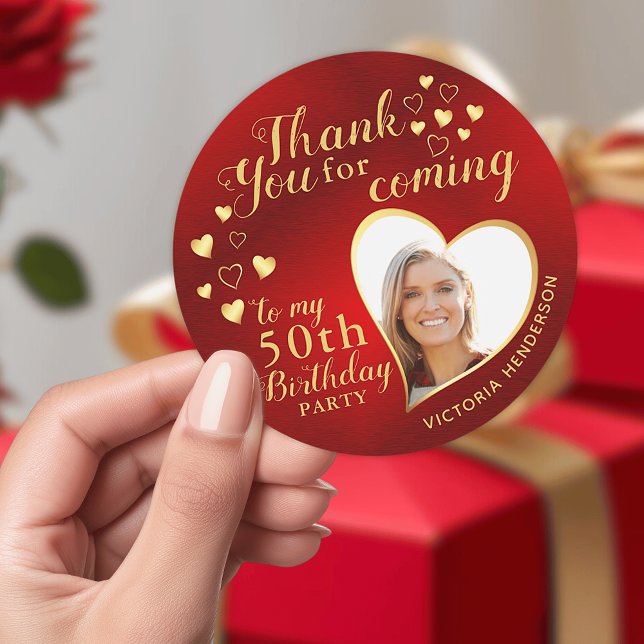 Custom 50th Birthday Red and Gold Thank You Favour Classic Round Sticker (Custom 50th Birthday Red and Gold Thank You Favor Stickers)