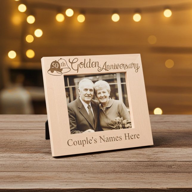 Custom 50th Wedding Golden Anniversary with Bells  Etched Frames (Personalized 50th wedding anniversary photo frame)