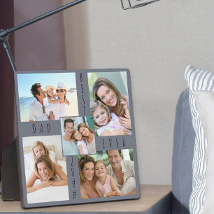 Custom 5 Photo Collage Best Dad Ever Grey Plaque