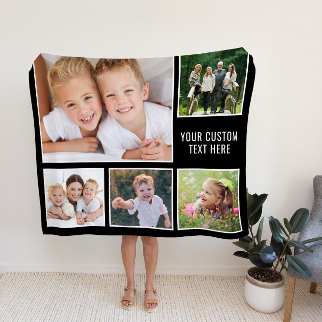 Custom 5 Photo Collage Black Fleece Blanket (Creator Uploaded)