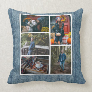 Custom /5 Photo Collage Denim Blue Jeans Cushion