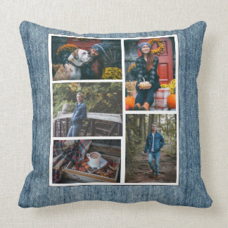 Custom /5 Photo Collage Denim Blue Jeans Cushion