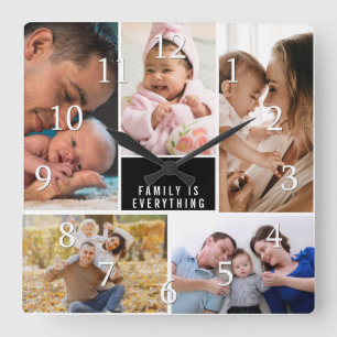 Custom 5 Photo Collage Family Is Everything Quote Square Wall Clock