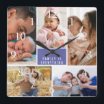 Custom 5 Photo Collage Family Quote Periwinkle   Square Wall Clock<br><div class="desc">A special keepsake photo collage wall clock with family is everything quote typography. The photo frame clock helps you treasure your special moments and also makes a thoughtful gift for parents, grandparents and friends. The personalised family clock makes it a perfect gift for all occasions.</div>
