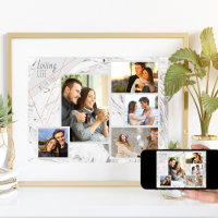 Custom 5 Photo Collage Loving Life Grey Marble