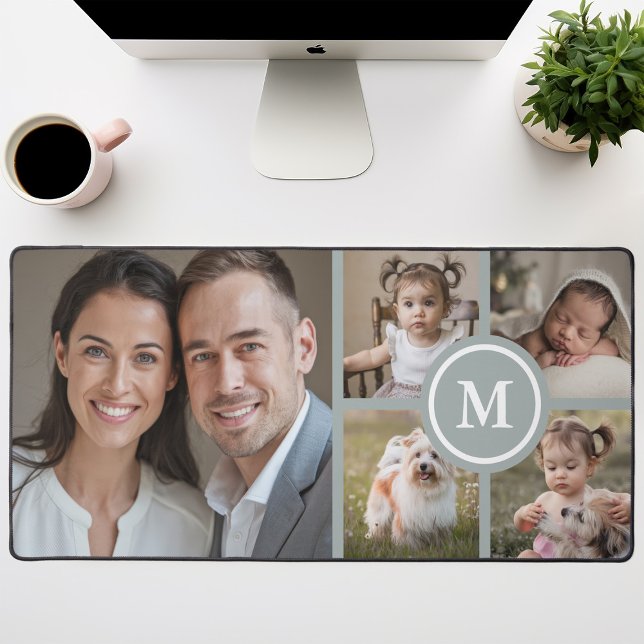 Custom 5 Photo Collage Sage Green Family Desk Mat (Creator Uploaded)
