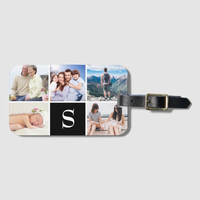 Custom 5 Photo Monogrammed Black Luggage Tag (Front Horizontal)