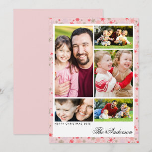 Custom 5-Photo Pink Snowflake Christmas Flat Card