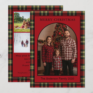 Custom 5-Photo Red Buffalo Tartan Plaid Arch Holiday Card