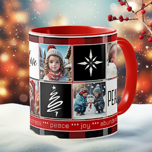 Custom 5 Photos Black White Red Plaid Christmas Coffee Mug