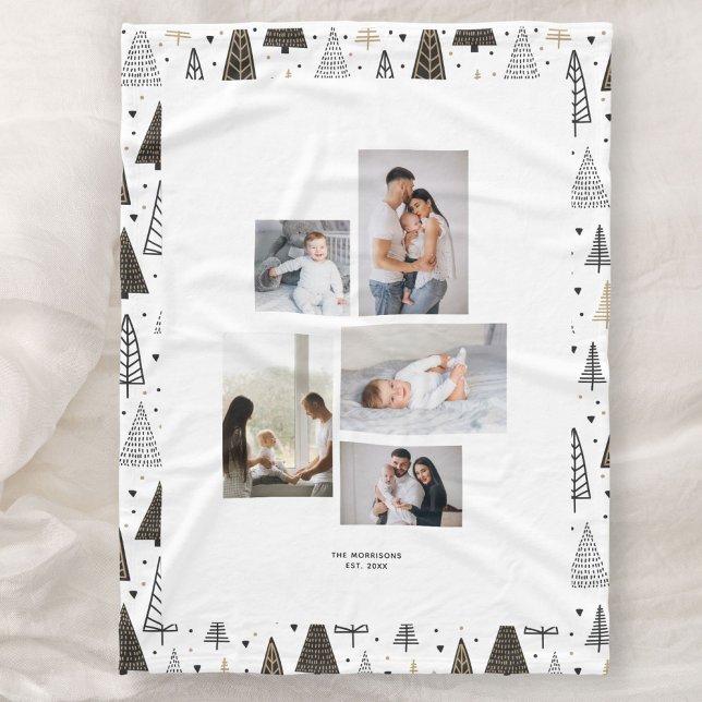 Custom 5 Photos Collage Name Winter Pine Trees Fleece Blanket (Creator Uploaded)