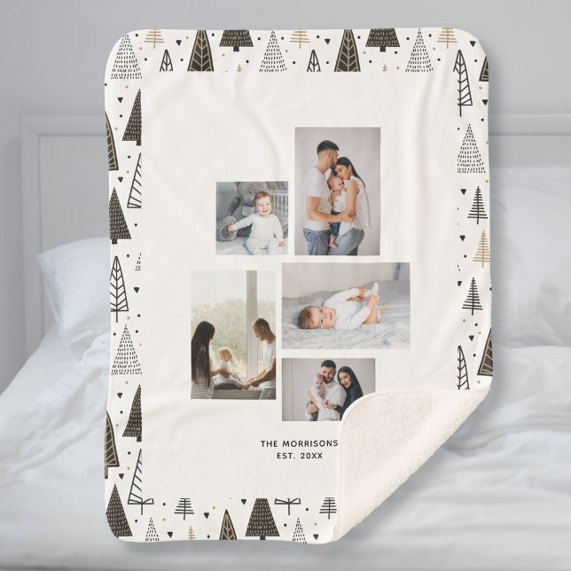Custom 5 Photos Collage Name Winter Pine Trees Sherpa Blanket (Creator Uploaded)