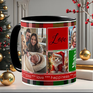 Custom 5 Photos Green Red Plaid Christmas Coffee Mug