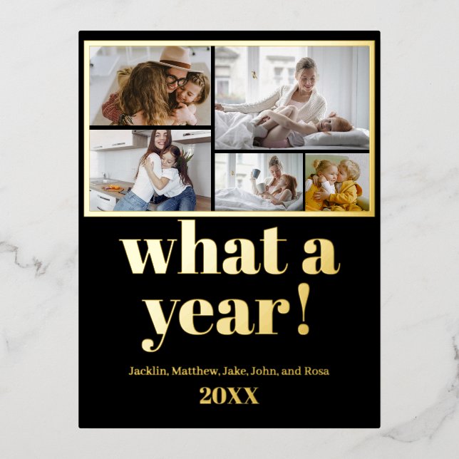 Custom 5 Photos Typography Foil Holiday Postcard (Front)