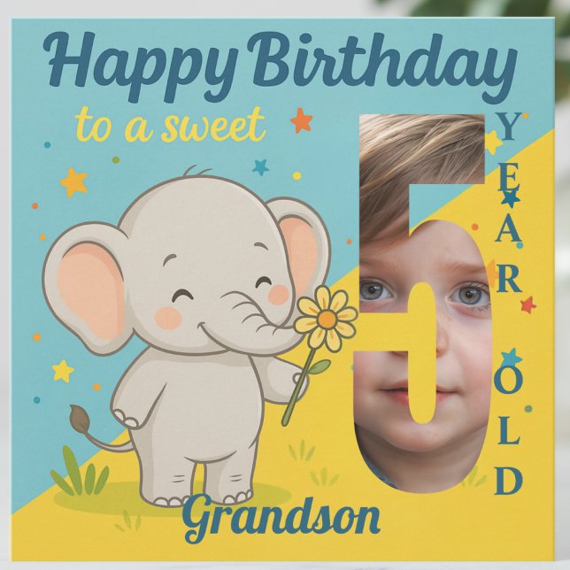 Custom 5th Birthday Elephant Sweet Your Photo Card (Creator Uploaded)