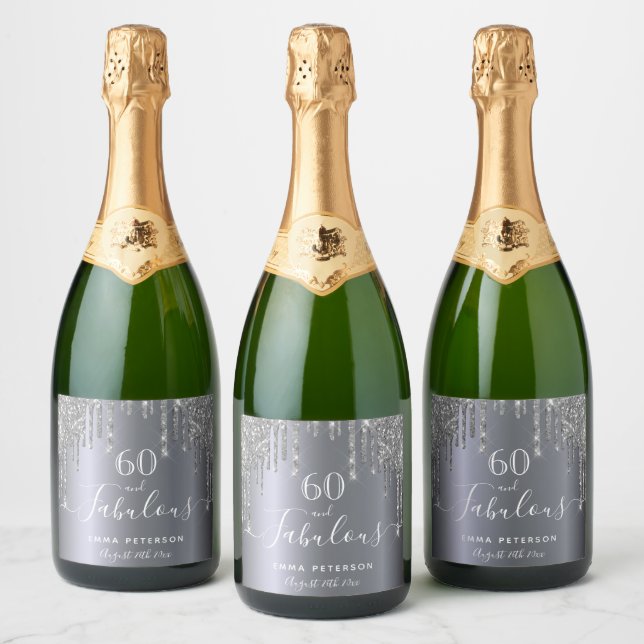 Custom 60 fabulous birthday glitter silver sparkle sparkling wine label (Bottles)