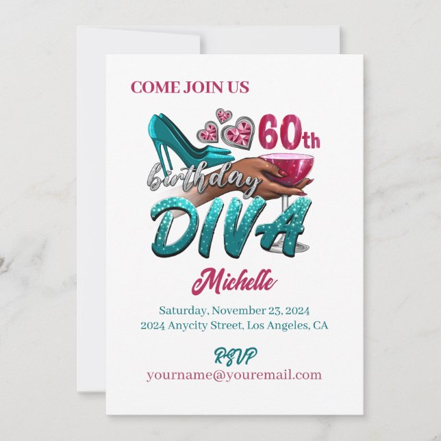 Custom 60th Birthday African American Black Diva   Invitation (Front)