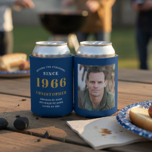 Custom 60th Birthday Blue Gold With Photo Can Cooler
