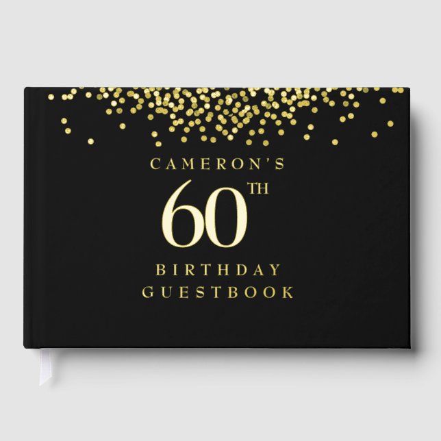 Custom 60th birthday elegant black gold guest book (Front)