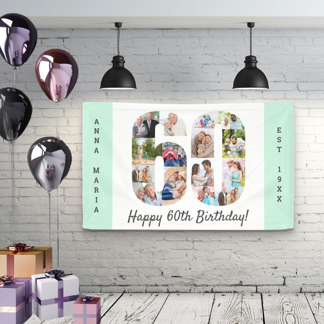Custom 60th Birthday Party Photo Collage Mint Banner (Creator Uploaded)