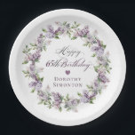 Custom 65th Birthday Purple Lilac Spring Flower Paper Plate<br><div class="desc">Add a special touch to your party decor with these personalised paper plates. They will make the birthday celebrant feel very special and look great in pictures. It takes only minutes to add the birthday celebrant's name. The soft watercolor lilac wreath is perfect for a spring birthday or a woman...</div>