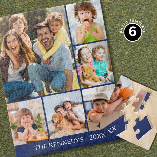 Custom 6 Photo Collage Family Name Minimalist Blue Jigsaw Puzzle