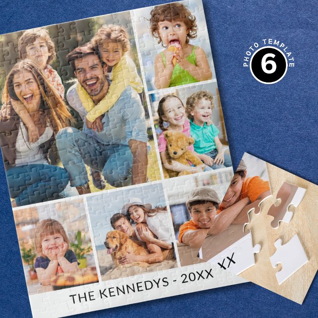 Custom 6 Photo Collage Family Name Simple White Jigsaw Puzzle (Creator Uploaded)