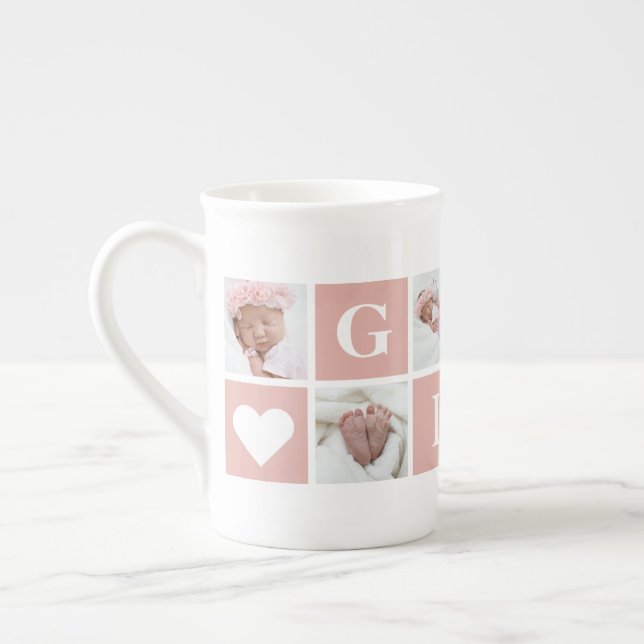 Custom 6 Photo Collage Grandmother Gigi Bone China Mug (Left)
