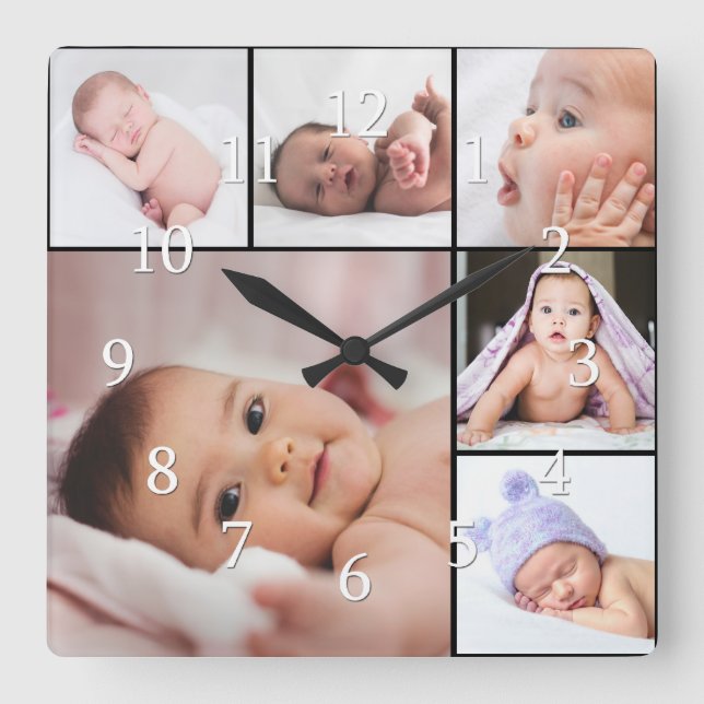 Custom 6 Photo Collage Template Square Wall Clock (Front)