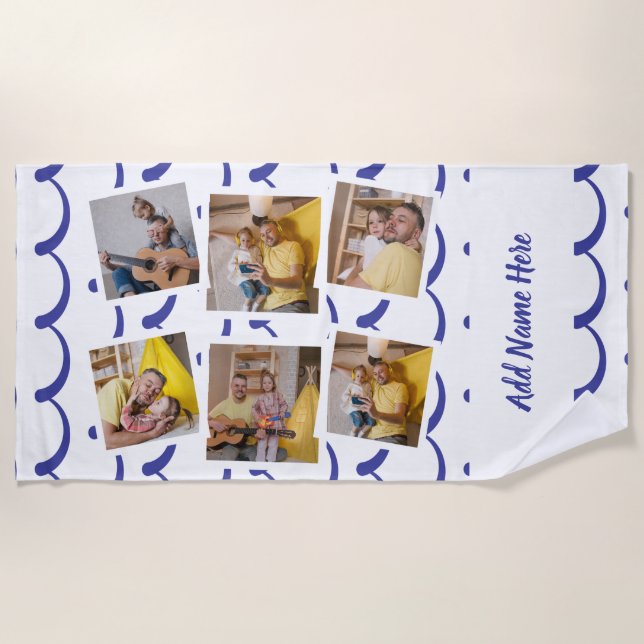 Custom 6 photo frames with personalised text beach towel (Front)
