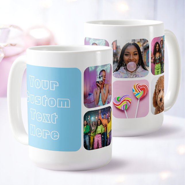 Custom 6 Photo Modern Retro Blue Besties  Coffee Mug (Creator Uploaded)