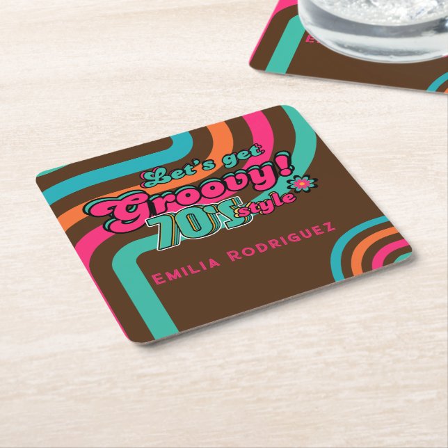 Custom 70's Retro Disco Birthday Boogie Groovy  Square Paper Coaster (Angled)