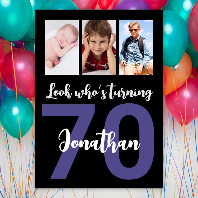 Custom 70th Birthday Black Modern Photo Collage Invitation (Creator Uploaded)