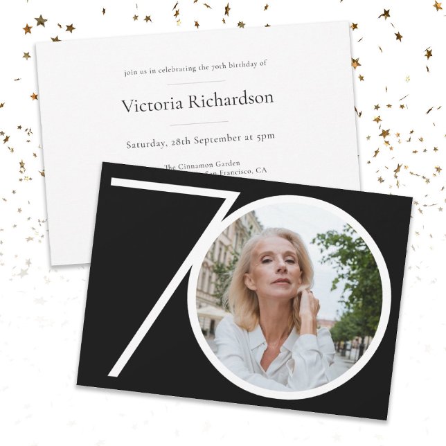 Custom 70th Birthday Black White Minimalist Photo Invitation (Creator Uploaded)