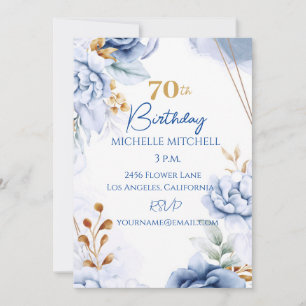 Custom 70th Birthday Blue Gold Invitation