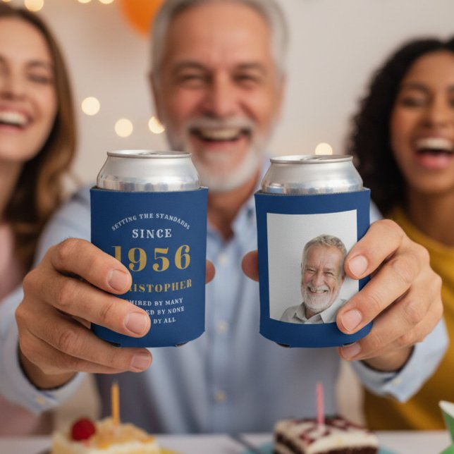 Custom 70th Birthday Blue Gold With Photo Can Cooler (70th Birthday can coolers showing front and rear.)