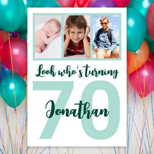 Custom 70th Birthday Green Script Photo Collage Invitation