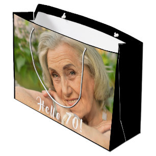 Custom 70th birthday photo hello 70 large gift bag