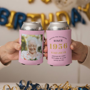 Custom 70th Birthday Pink Gold With Photo Can Cooler
