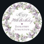 Custom 70th Birthday Purple Lilac Envelope Seal<br><div class="desc">Add a special touch to your invitation envelopes with this Happy 70th Birthday envelope seal. In minutes you can easily add the birthday celebrant's name to make it even more special. The soft watercolor lilac wreath is perfect for a spring birthday or a woman who just loves lilacs. The calligraphy...</div>