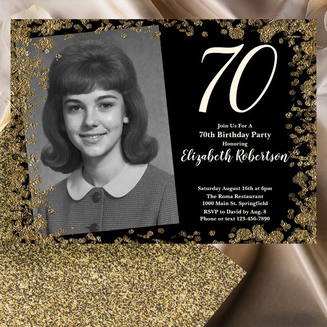 Custom 70th Photo Black and Gold Sequins Invitation (Creator Uploaded)