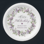 Custom 75th Birthday Purple Lilac Spring Flower Paper Plate<br><div class="desc">Add a special touch to your party decor with these personalised paper plates. They will make the birthday celebrant feel very special and look great in pictures. It takes only minutes to add the birthday celebrant's name. The soft watercolor lilac wreath is perfect for a spring birthday or a woman...</div>