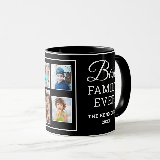 Custom 7 Photo Collage Best Family Ever Name Black Mug (Front Right)