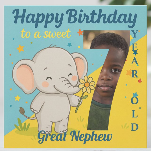 Custom 7th Birthday Elephant Sweet Your Photo Card (Creator Uploaded)