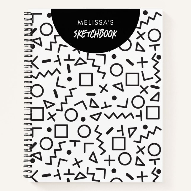 Custom 80's 90's Black White Retro Shapes Pattern  Notebook (Front)