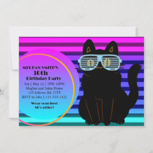 Custom 80's Neon Blast Cool Cat Throwback Party Invitation
