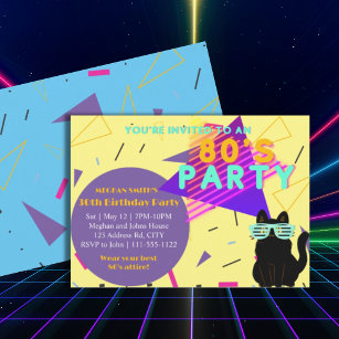 Custom 80's Retro Black Cat Throwback Party Invitation